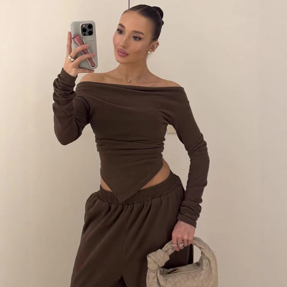 Autumn Asymmetric Hem Long T-shirt Trousers Suits