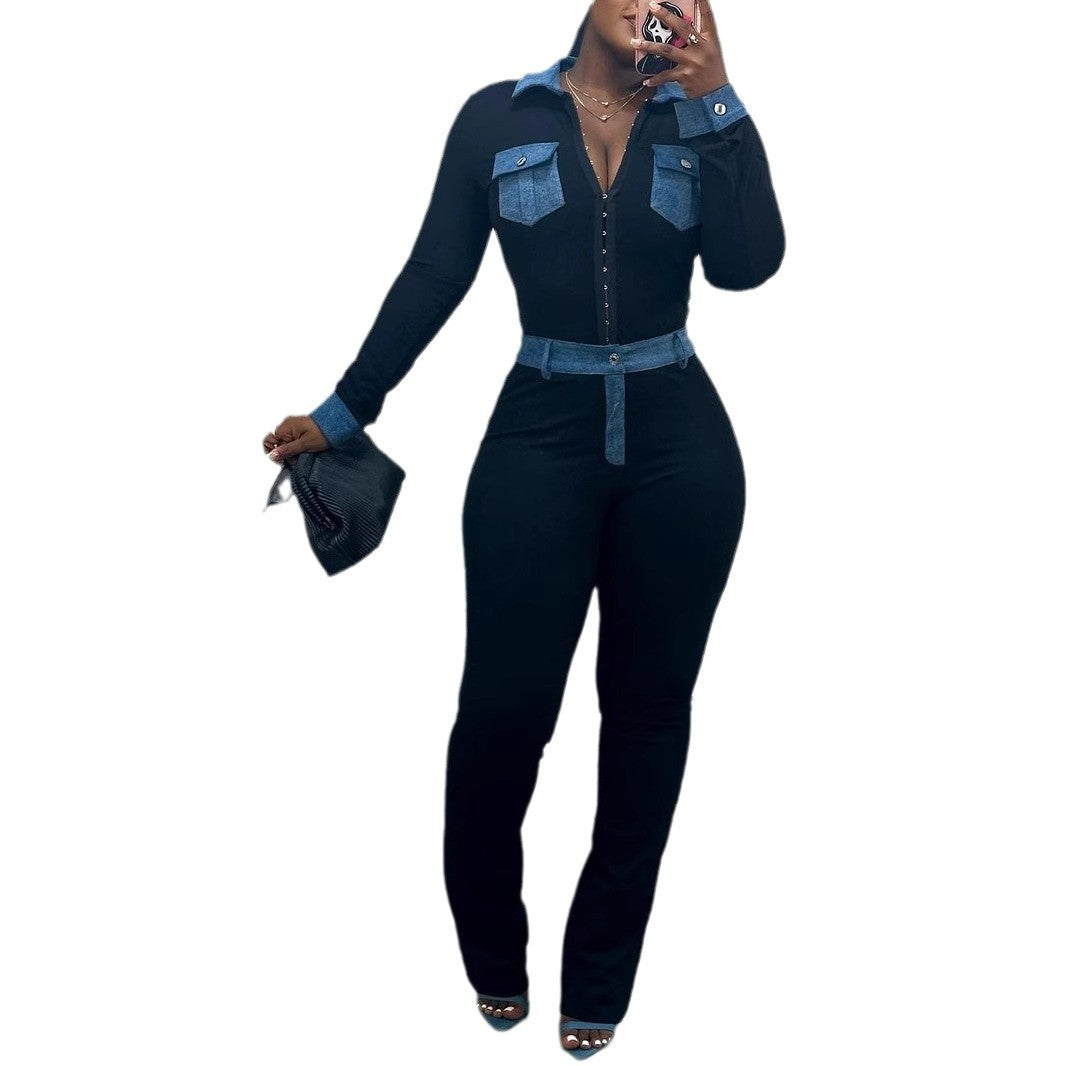 Women's Fashion Denim Stitching Sexy High Waist Suits