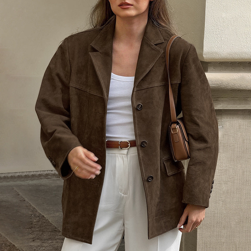 Women's Retro Suede Design Sense Thick Mid-length Lapel Coats