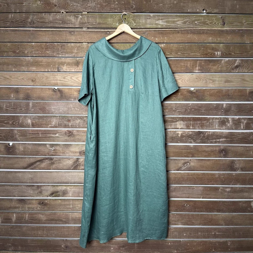 Women's Cotton Linen Casual Loose Pile Collar Sleeve Dress