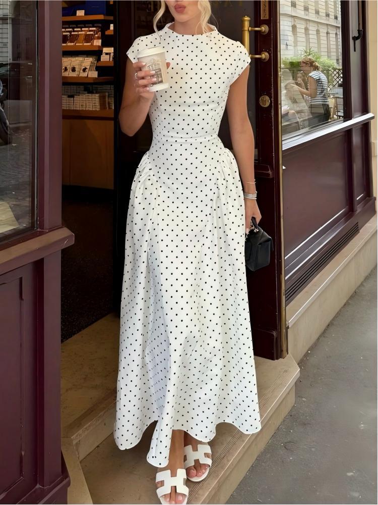 Elegant Retro Round Neck Polka Dot Printed Style Long Dress