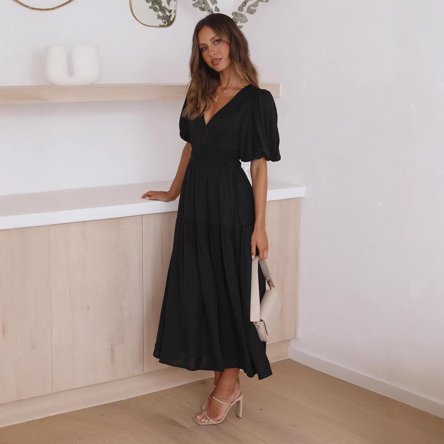 Women's Fashion Wear Summer High-grade Deep V Puff Sleeve Dress