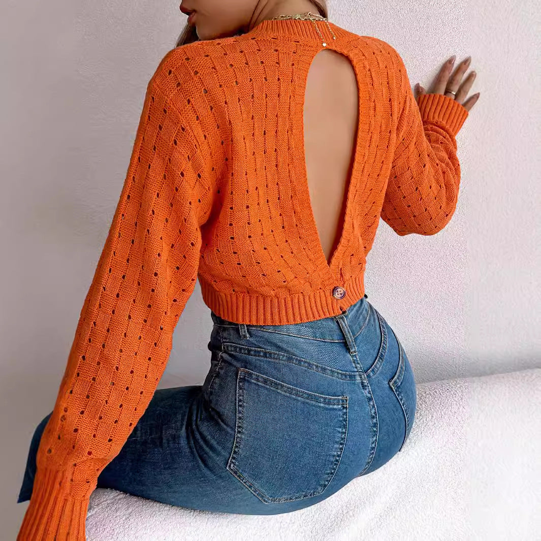 Women's Sexy Backless Button Long Sleeve Pullover Sweater