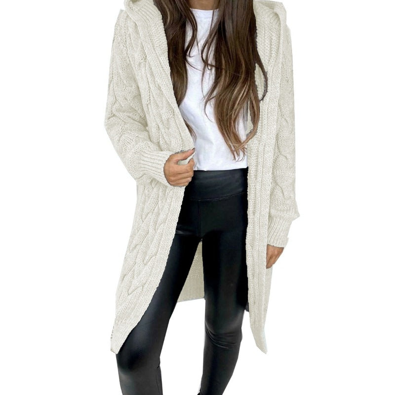 Mid-length Solid Color Twist Hooded Knit Women's Sweater