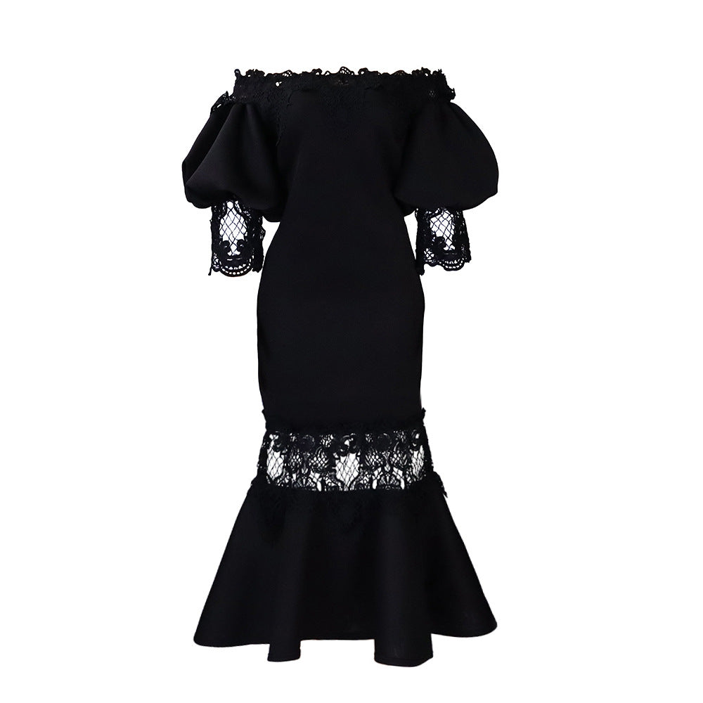 Women's Puff Sleeve Lace Stitching Banquet Fishtail Dress