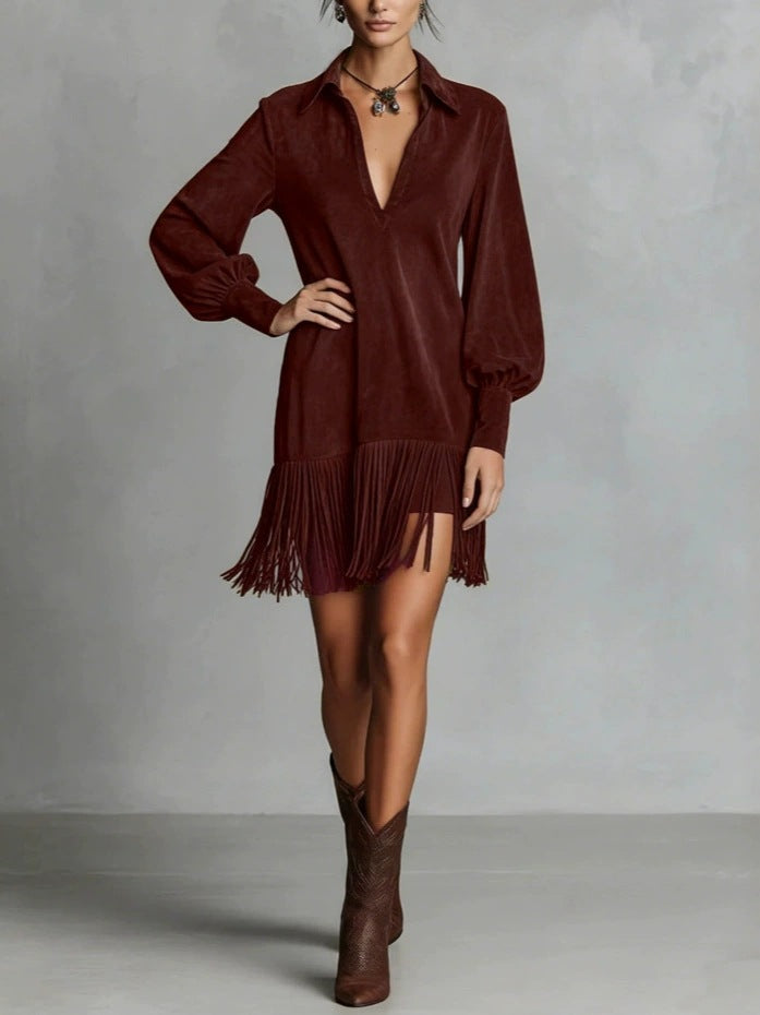 Women's Deerskin Solid Color Black Style Fringed Hem Long Dress