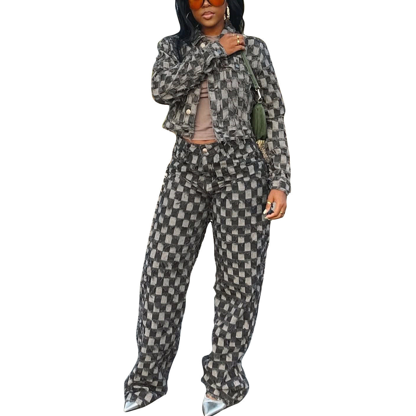 Women's Winter Casual Jacquard Plaid Washed Denim Suits