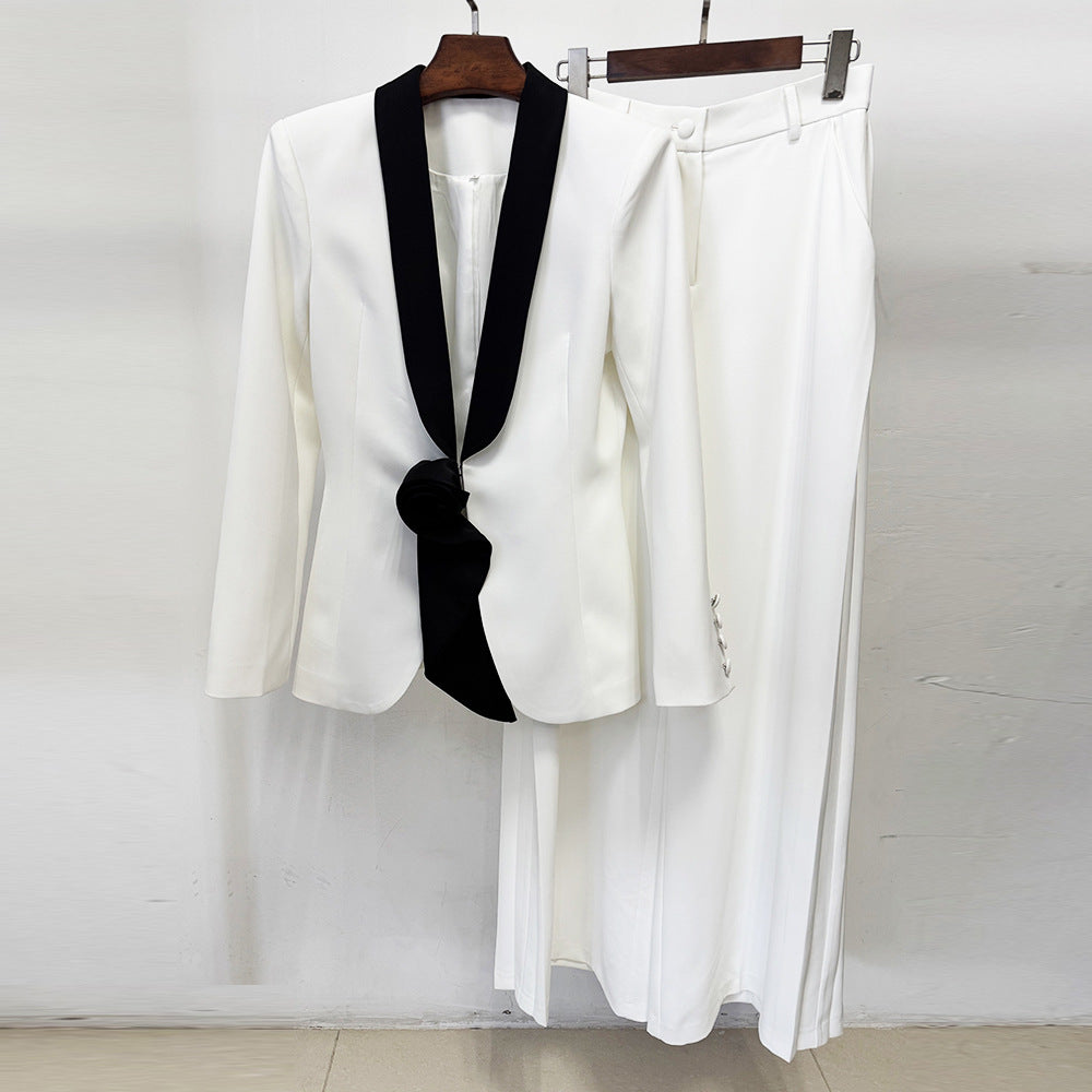 Two-piece Set Color Contrast Green Collar Fashion Casual Suit
