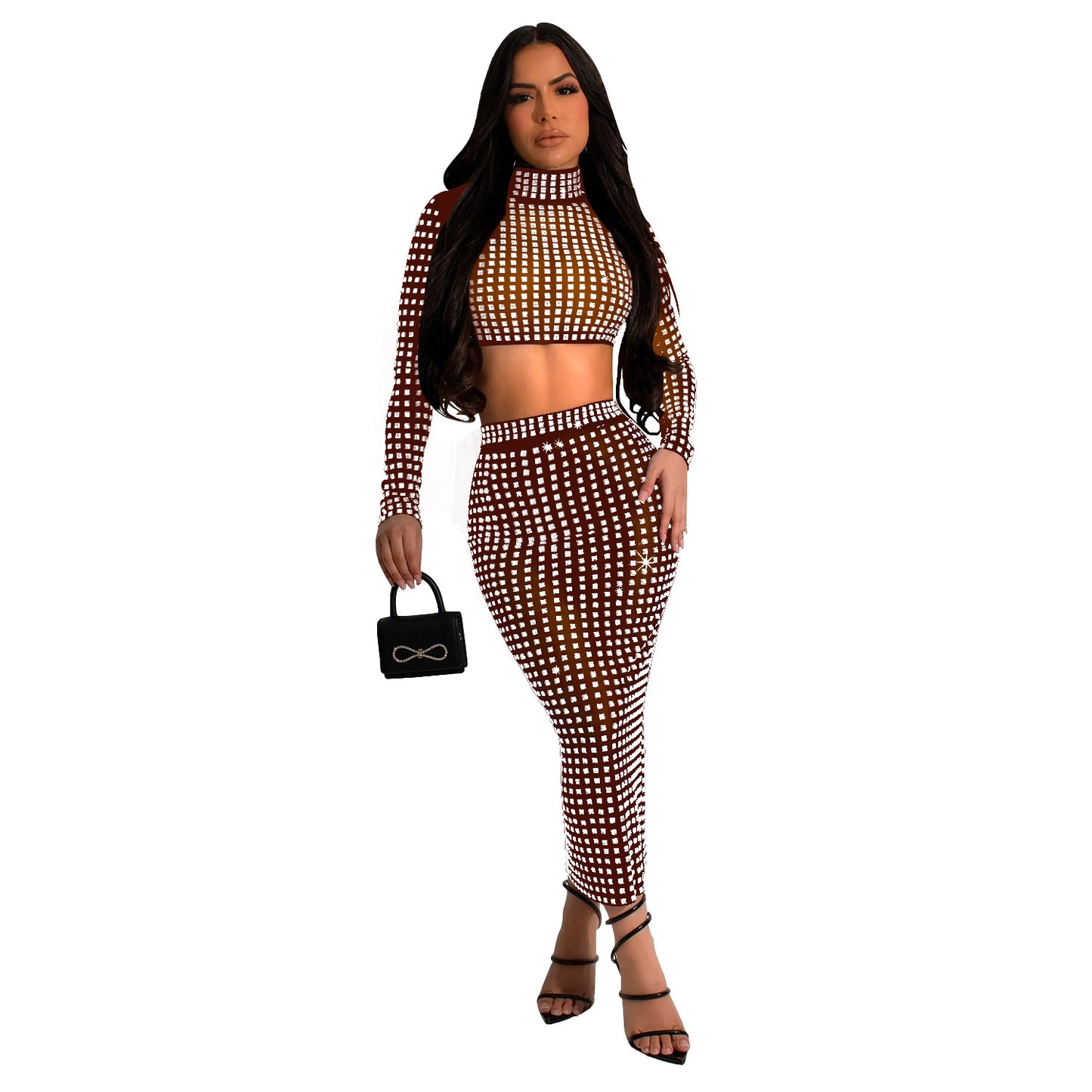 Women's Wear Solid Color Rhinestone Mesh Two-piece Dresses