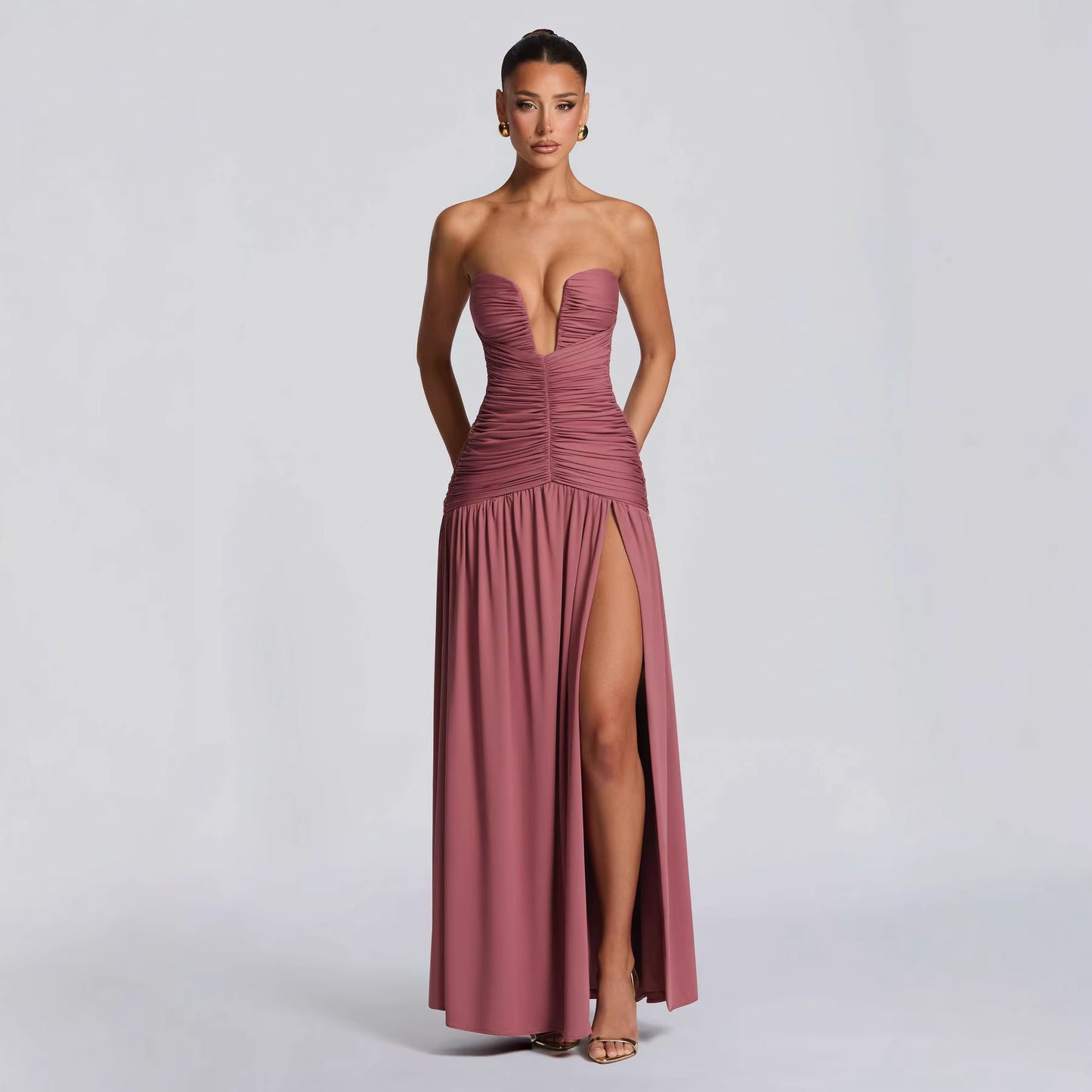 Women's Color Sexy Tube Pleated High Slit Tops