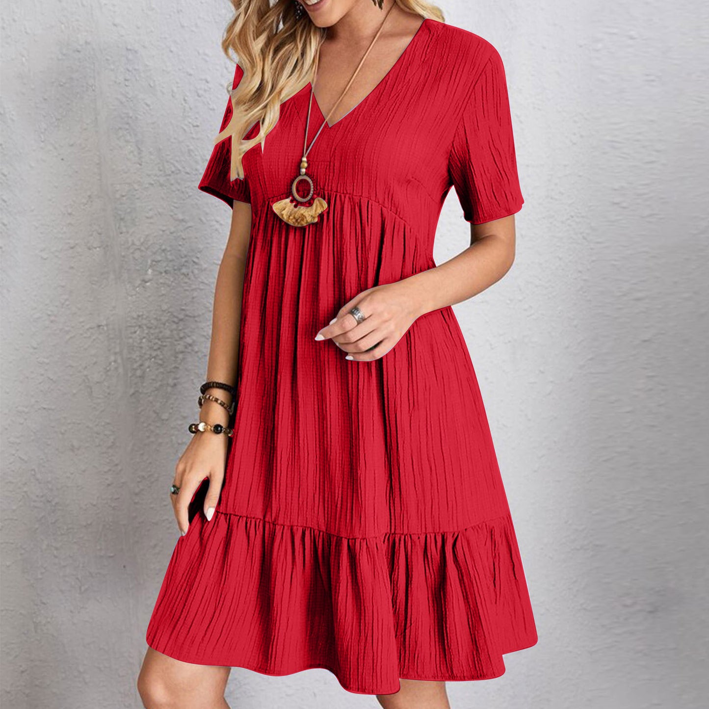 Women's Loose Solid Color Pleated Casual Lace Dress