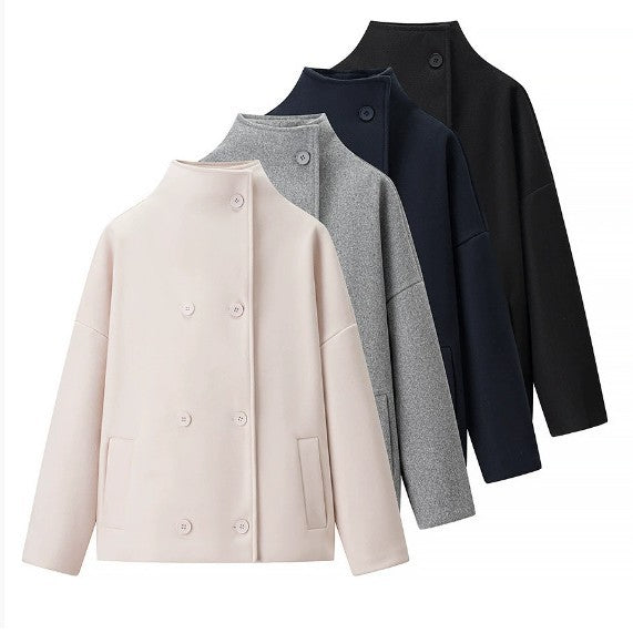 Women's Double-breasted Solid Color Woolen Fabric Lapel Coats