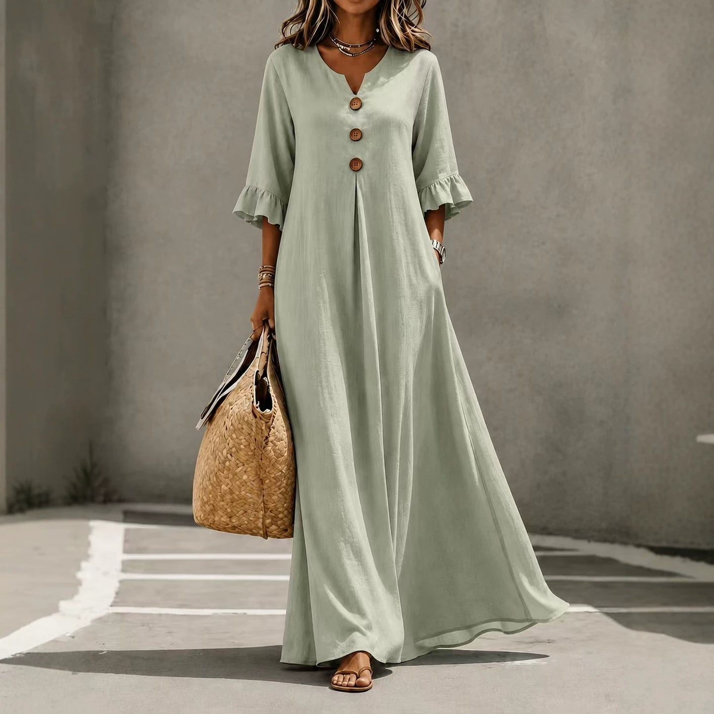 Women's Lotus Leaf Sleeve Pocket Long Fashion Dress