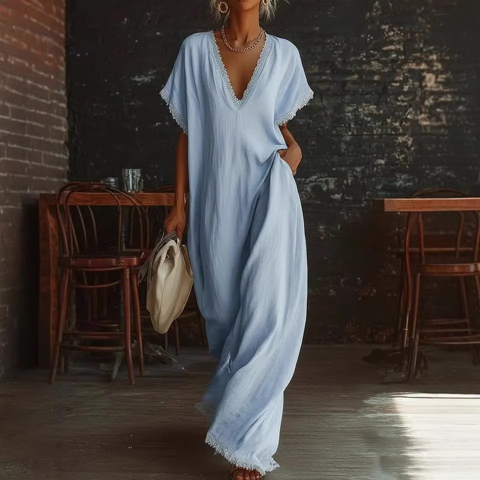 Women's Elegant Comfortable Lace Loose Linen Cotton Dress