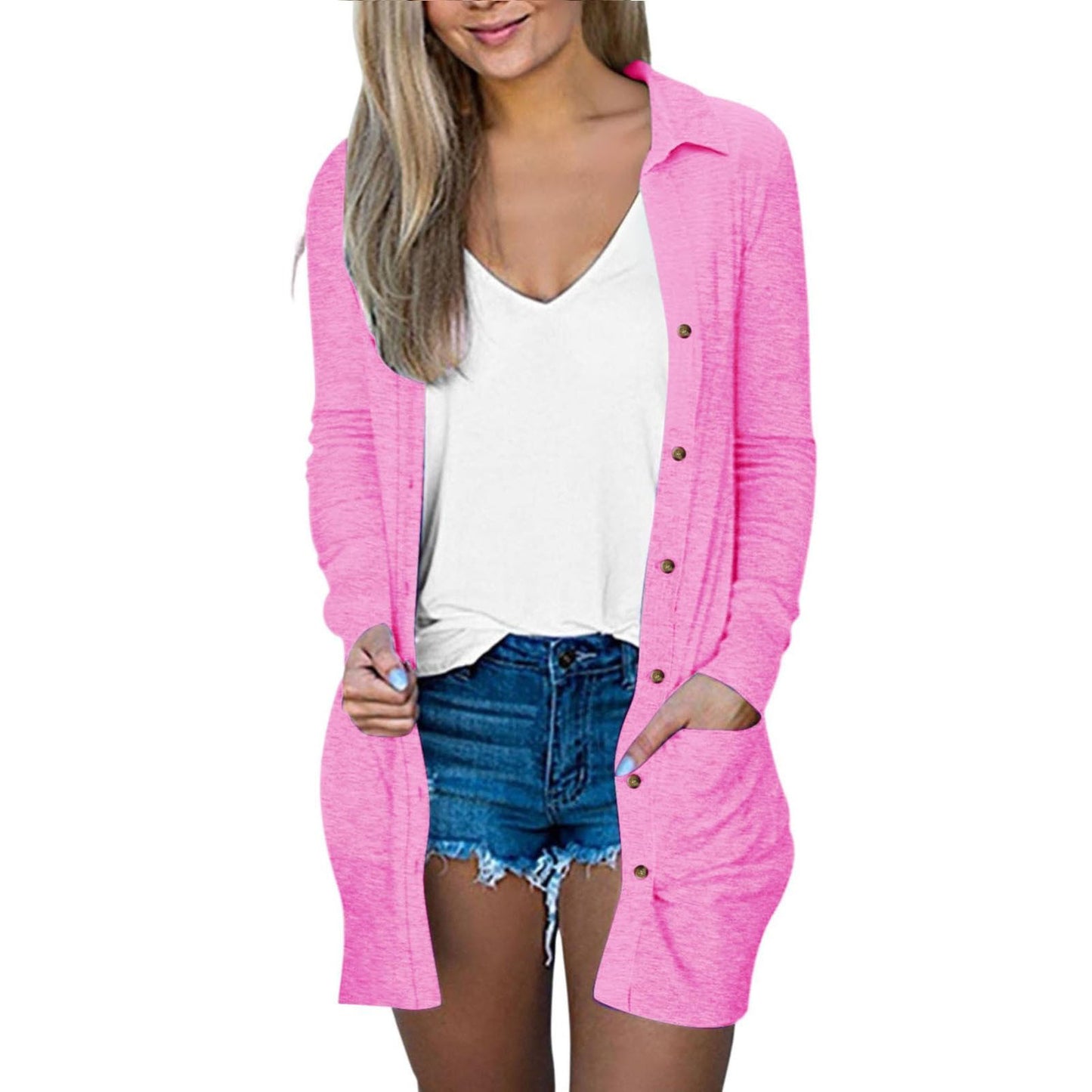 Women's Button Double Pocket Solid Color Casual Polo Collar Long Cardigans