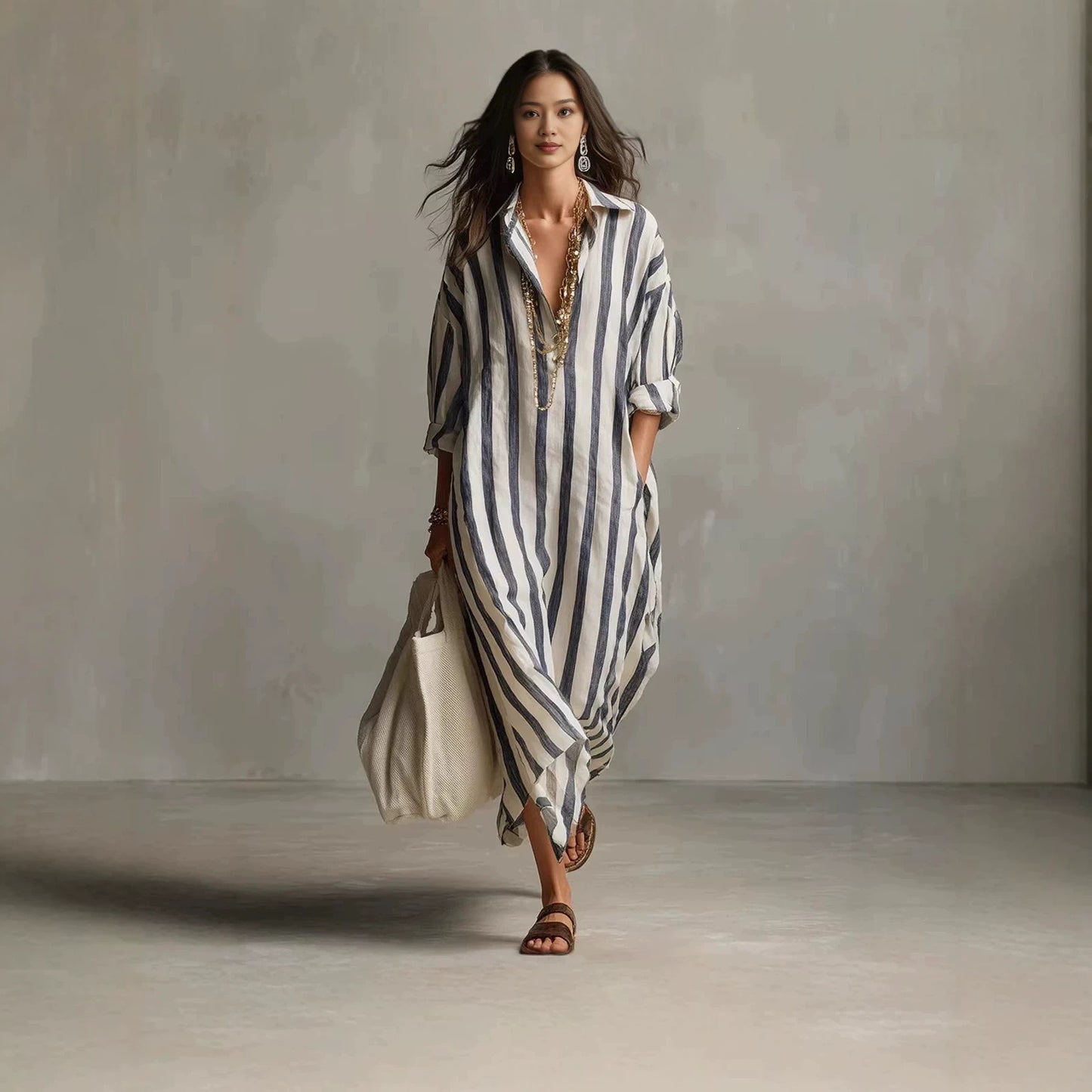 Striped Shirt Long Loose Pockets Idle Style Lapel Dress