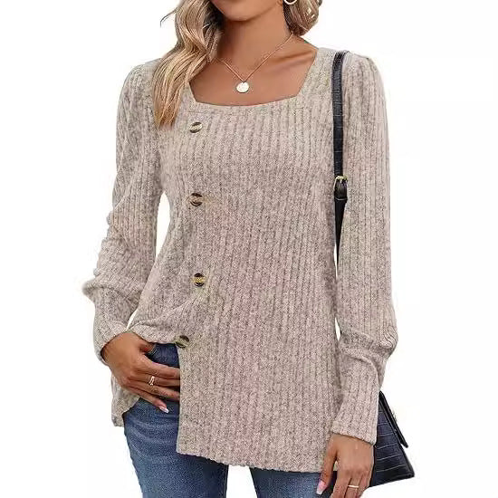 Women's Sunken Stripe Square Collar Bubble Long Sleeve Split Sweater