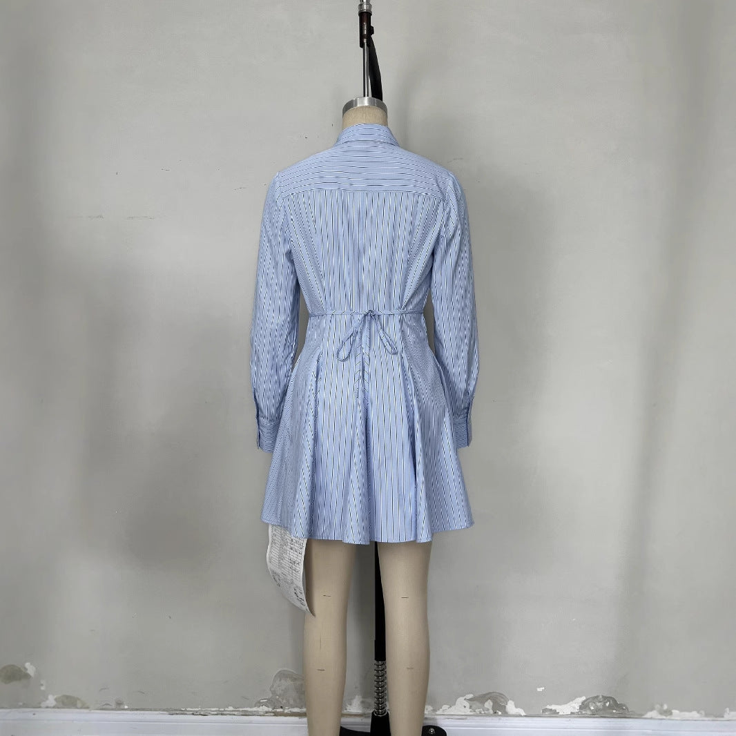 Design Three-quarter Sleeve With Pleated Breathable Stripes Dresses