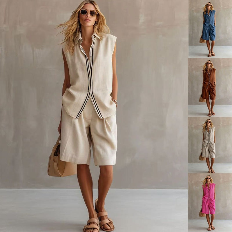 Women's Summer Wear Single-breasted Sleeveless Linen Bushing Fashion Casual Suit