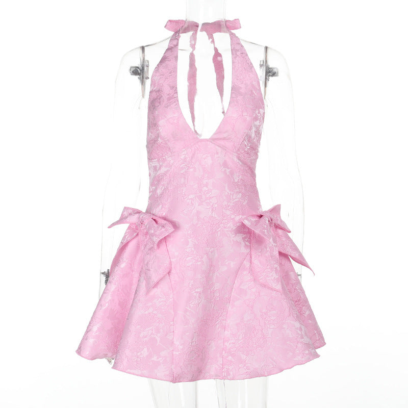 Sexy Sleeveless Halter Jacquard Bow Style Dresses
