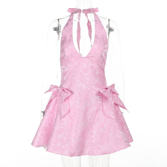 Sexy Sleeveless Halter Jacquard Bow Style Dresses