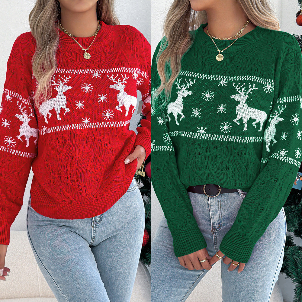 Women's Deer Pattern Lantern Long Sleeve Pullover Sweater