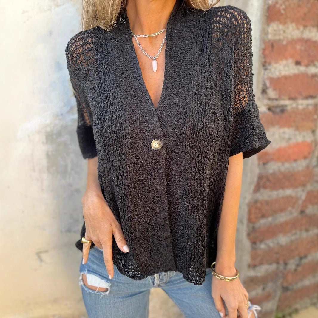 Women's One Button Half Sleeve Hollow Out Women's Sweater