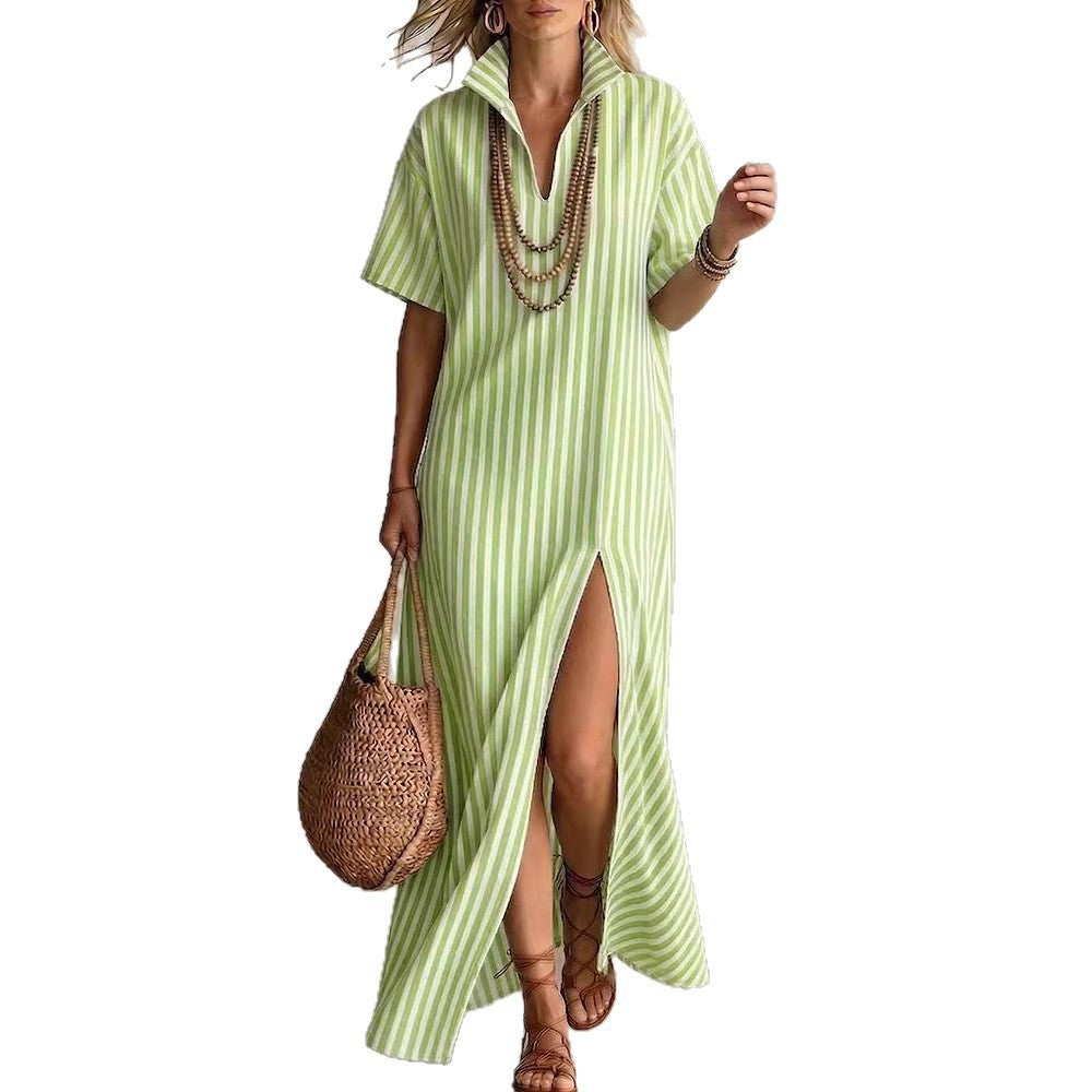 Women's Summer Sleeve Striped Slit Cotton Linen Shorts