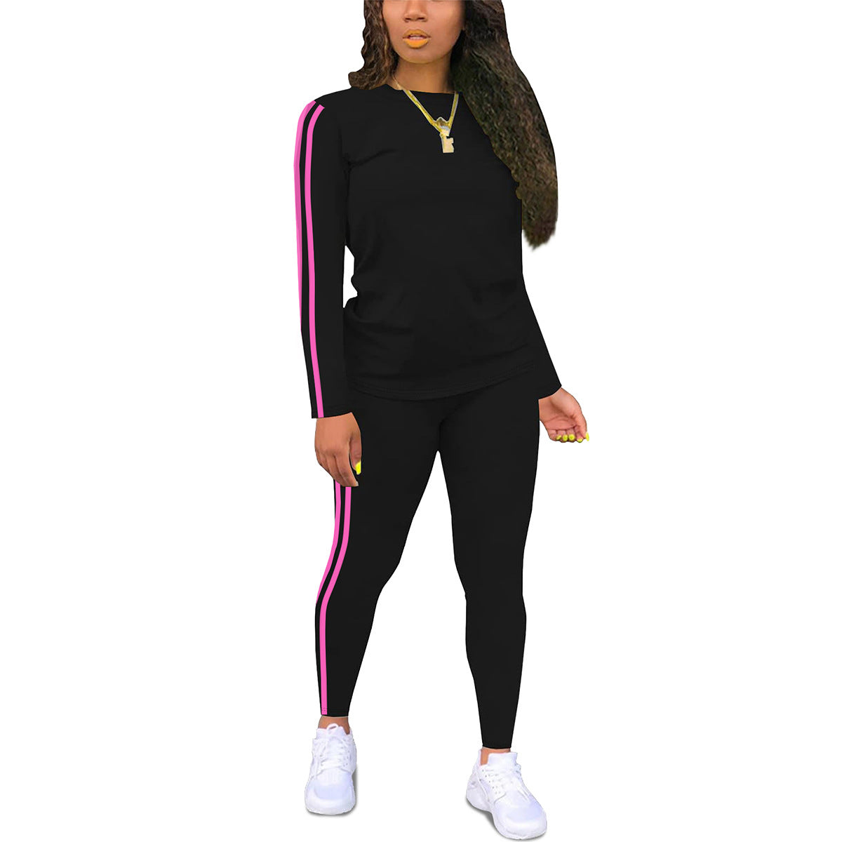 Women's Round Neck Long Sleeve Patch Trousers Side Fashion Casual Suit