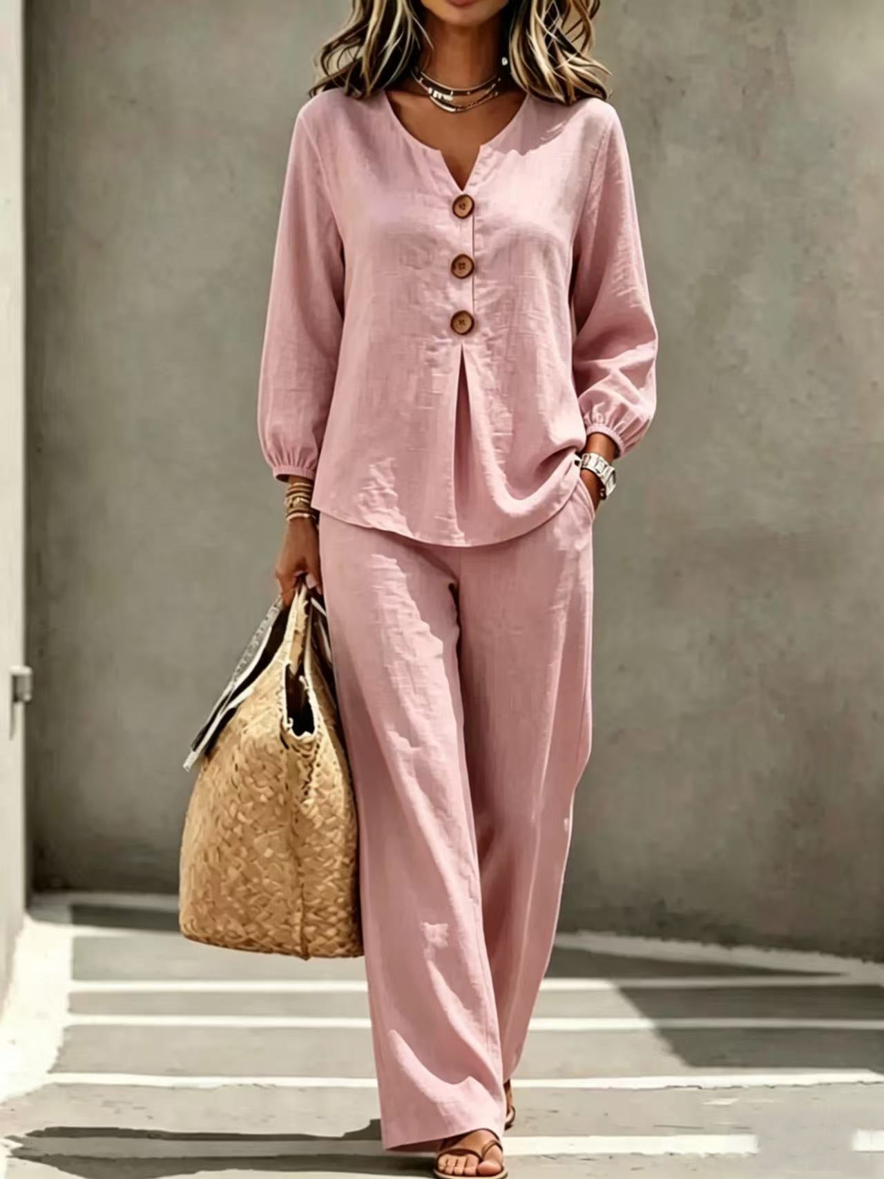 Women's Button Flounce Long Sleeve Trousers Two-piece Fashion Casual Suit
