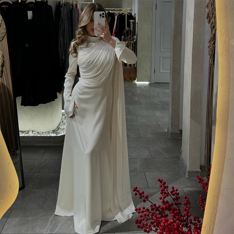 Women's Pleated Irregular White Long Sleeve Slim Dresses