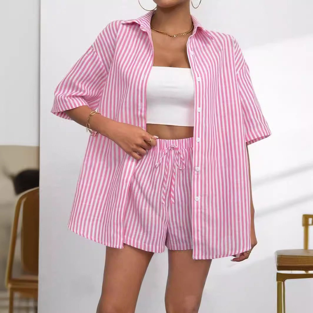 Lapel Casual Striped Sleeve Two-piece Set Pants