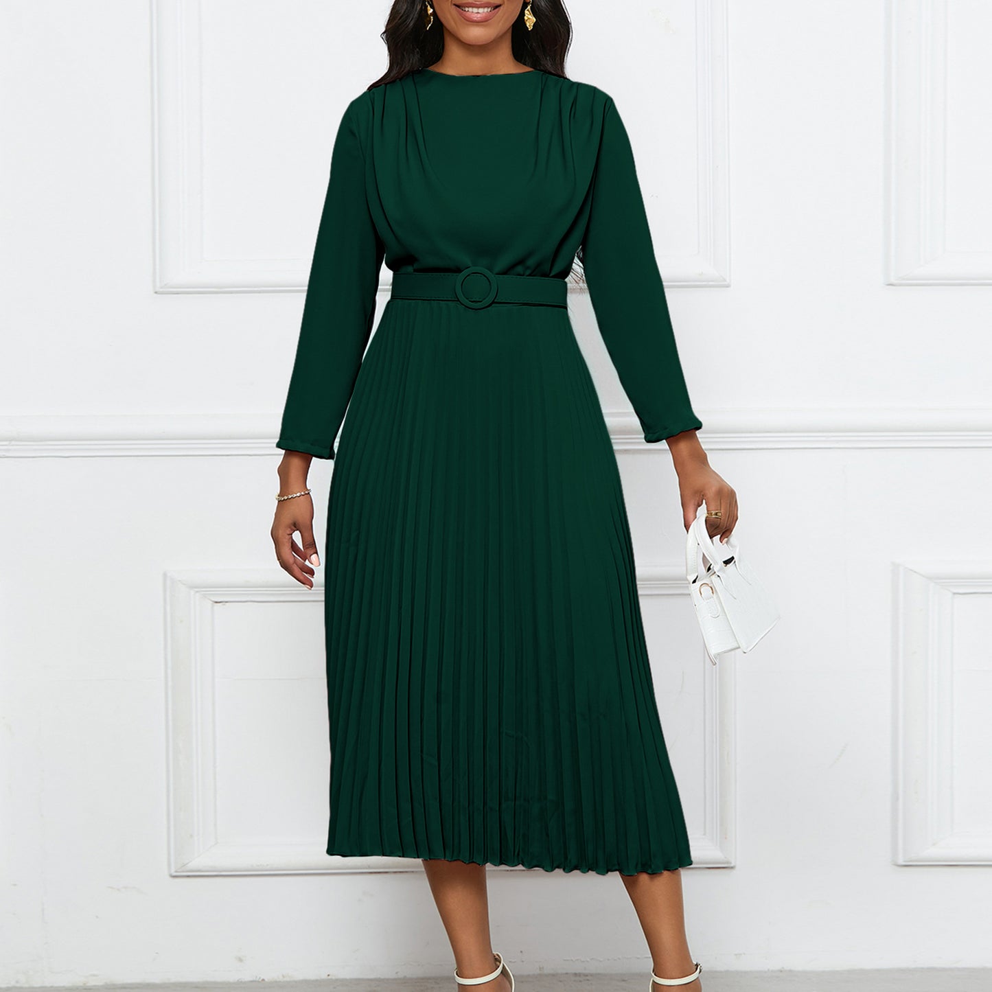 Women's Elegant Pleated Commuter Solid Color African Dress