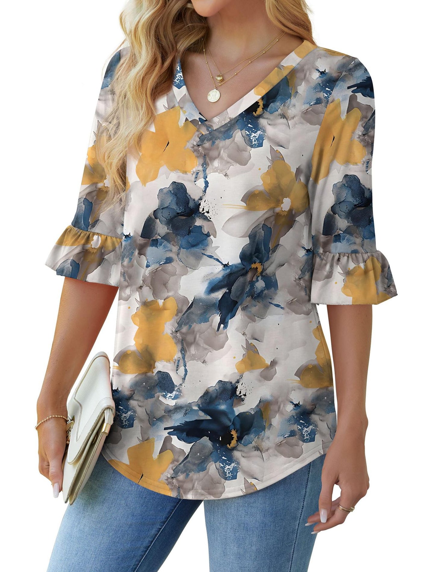 Printed Shirt Floral Flared Half Sleeve Blouses
