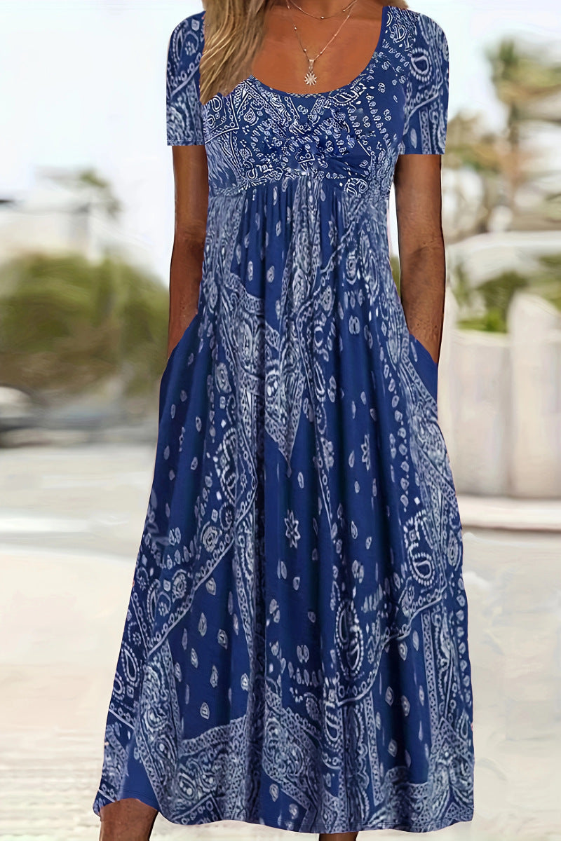 Round Neck Vintage Printed Comfort Casual Style Dress