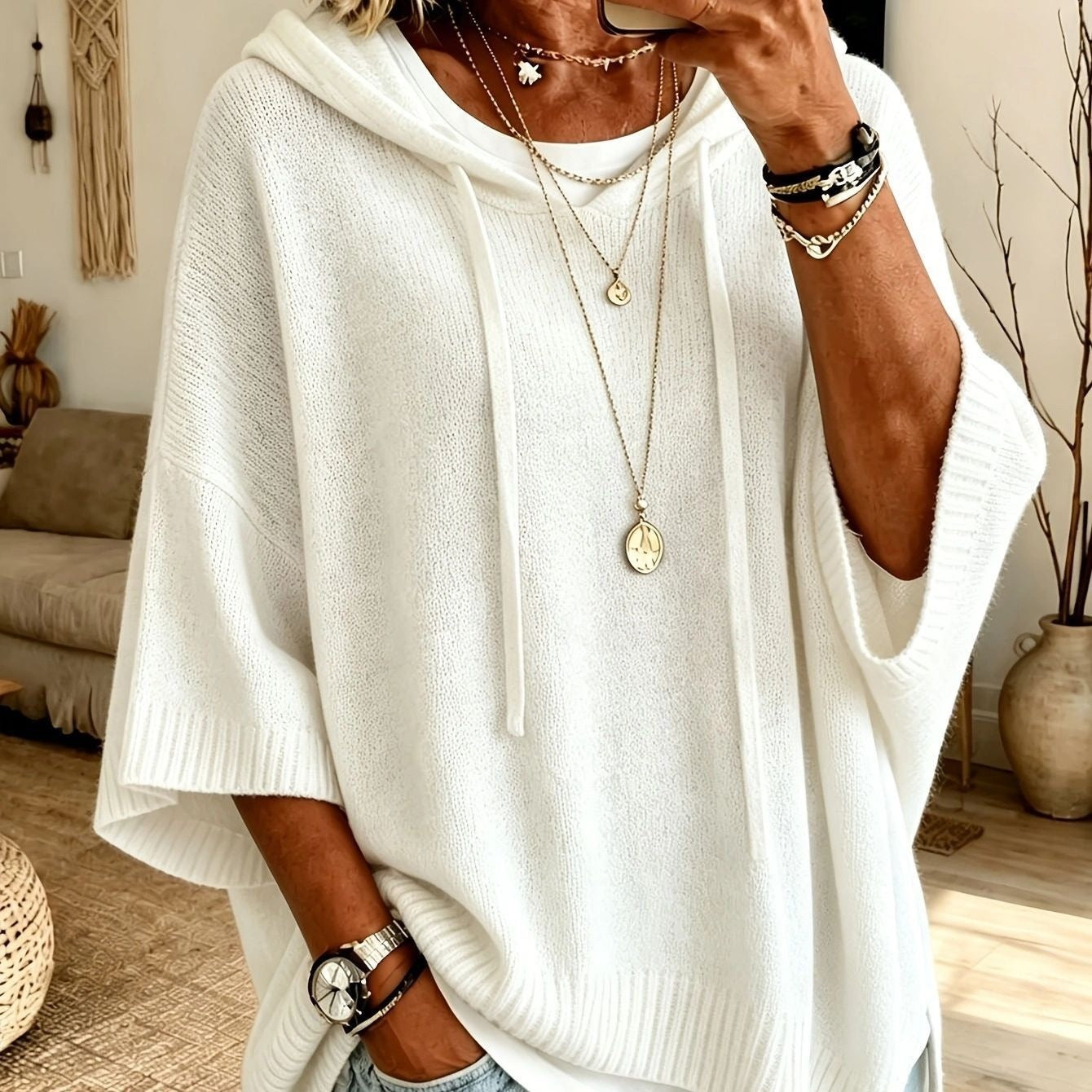 Women's Hooded Drawstring Sweatshirt Woolen Outer Wear Sweater