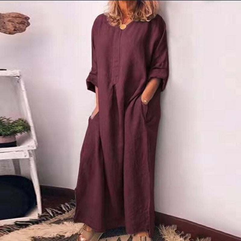 Women's Cotton Linen Solid Color Loose Dress Dresses
