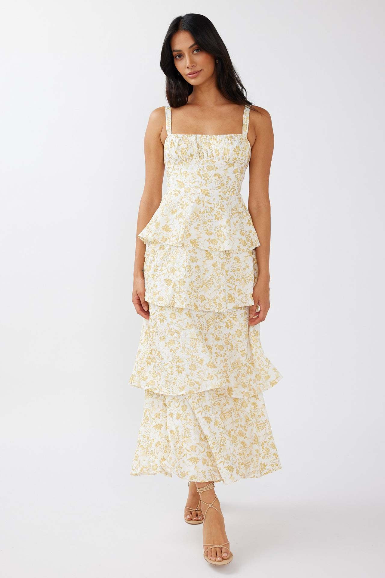 Women's Waist Trimming Spaghetti Straps Printed Long Dresses