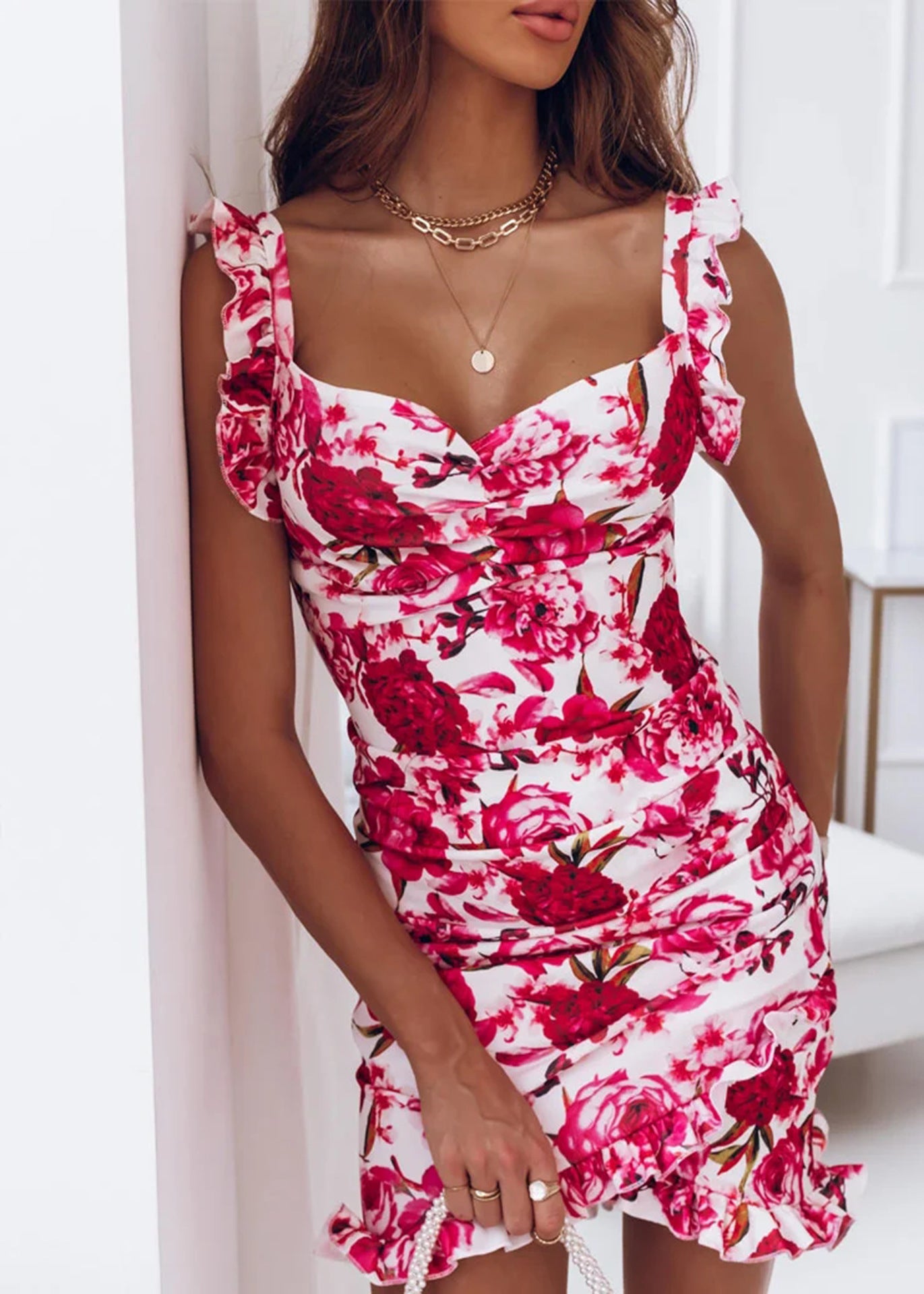 Popular New Ruffled Sleeveless Hip Floral Dress