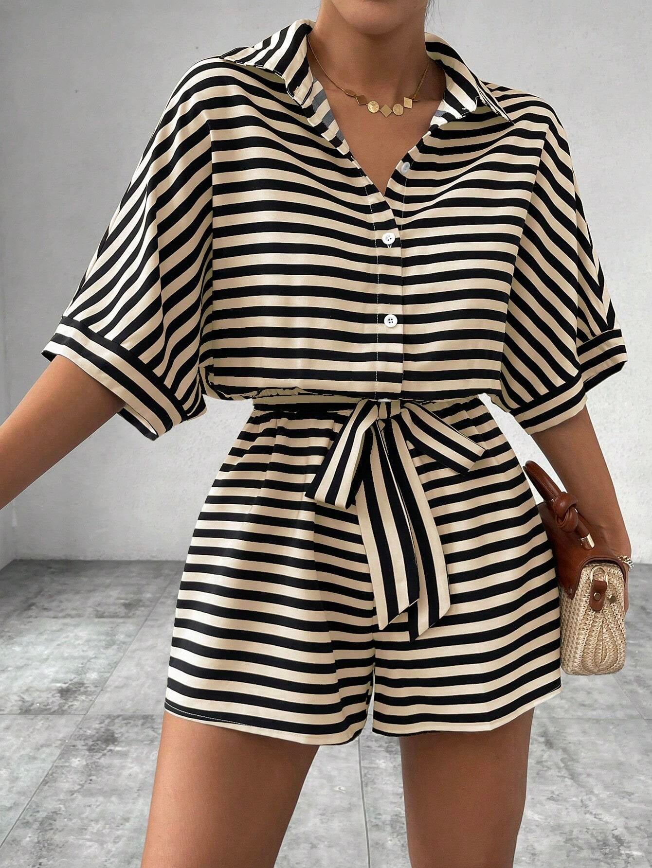 Women's Striped Lapel Button Half Sleeve Belt Jumpsuits