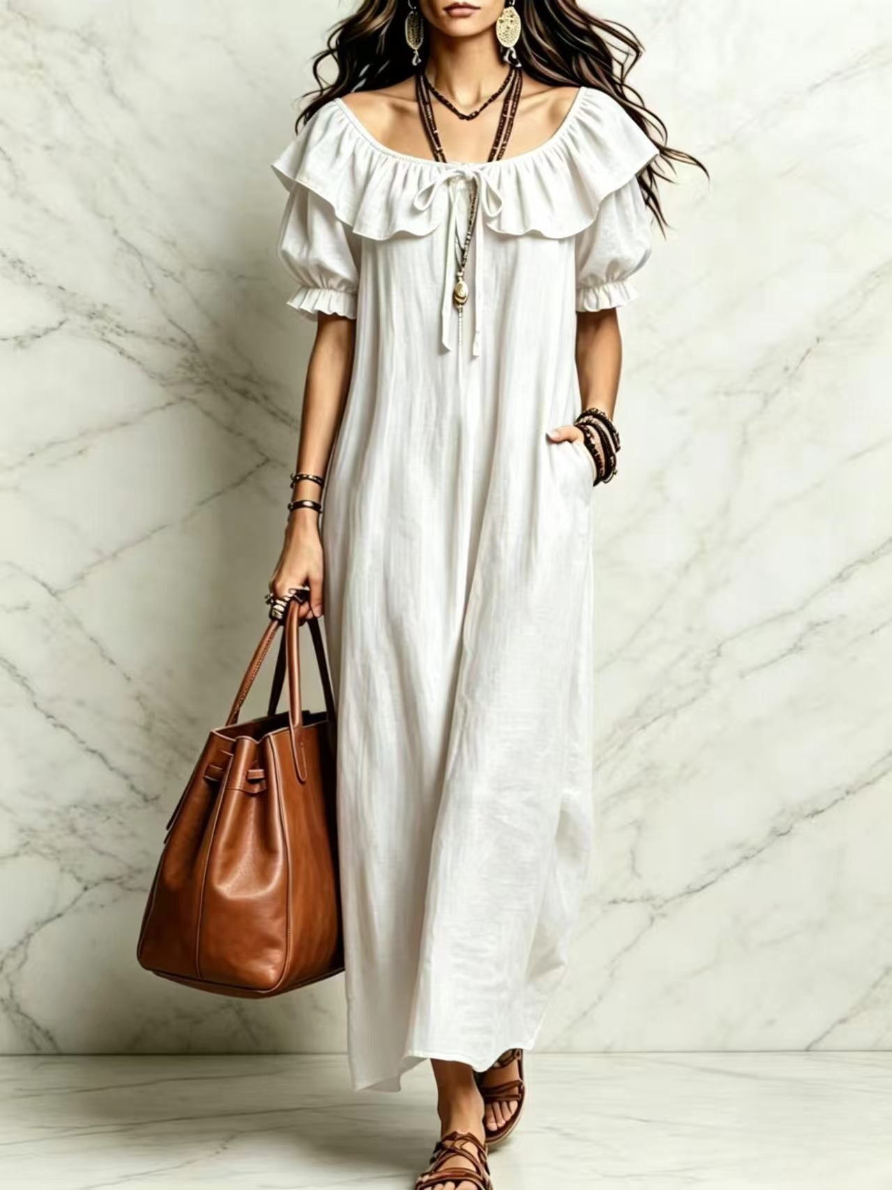 Loose Round Neck Ruffled Leisure Temperament Seaside Dress
