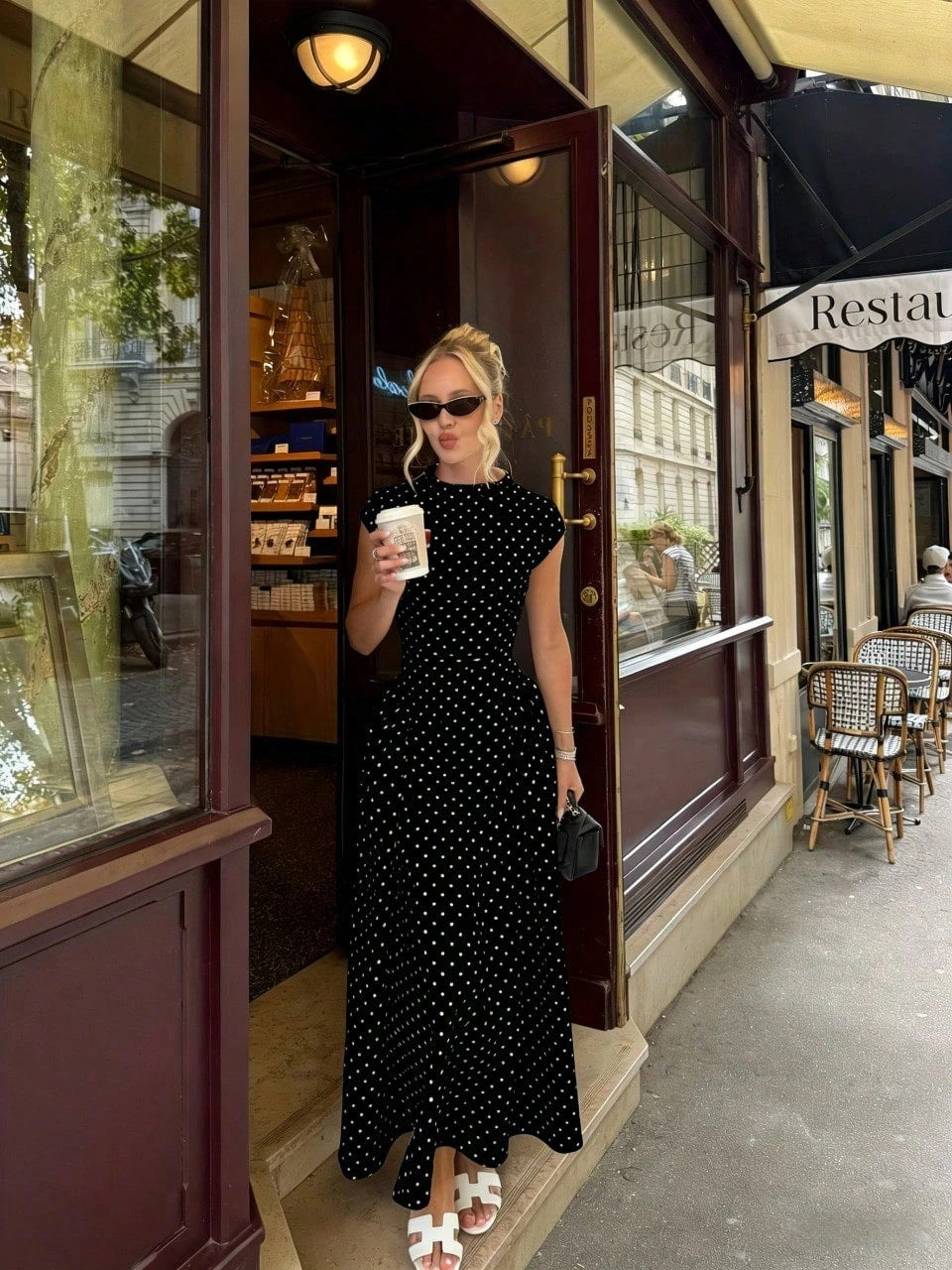Elegant Retro Round Neck Polka Dot Printed Style Long Dress