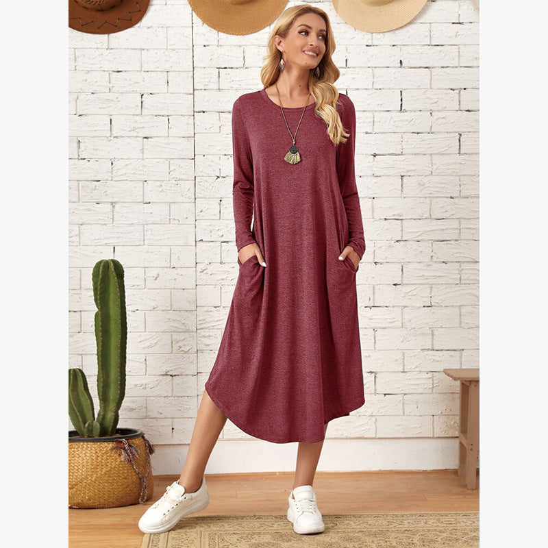 Women's Solid Color Knitted Side Seam Straight Pocket Curved Hem Dress