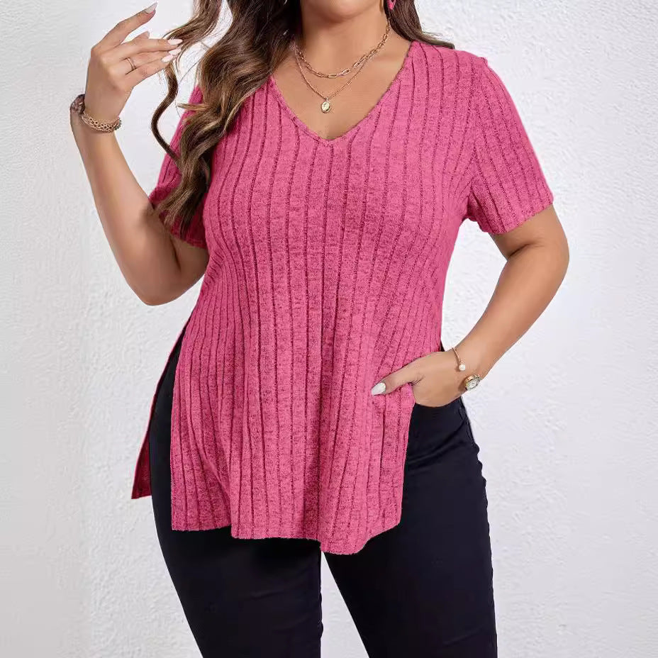 Women's Solid Color Short-sleeved Split Sunken Stripe Blouses