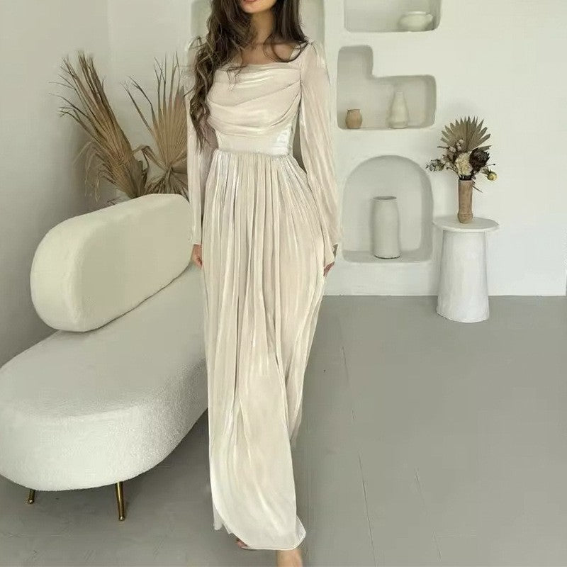 Women's Autumn French Square Collar Pleated Slim Dresses