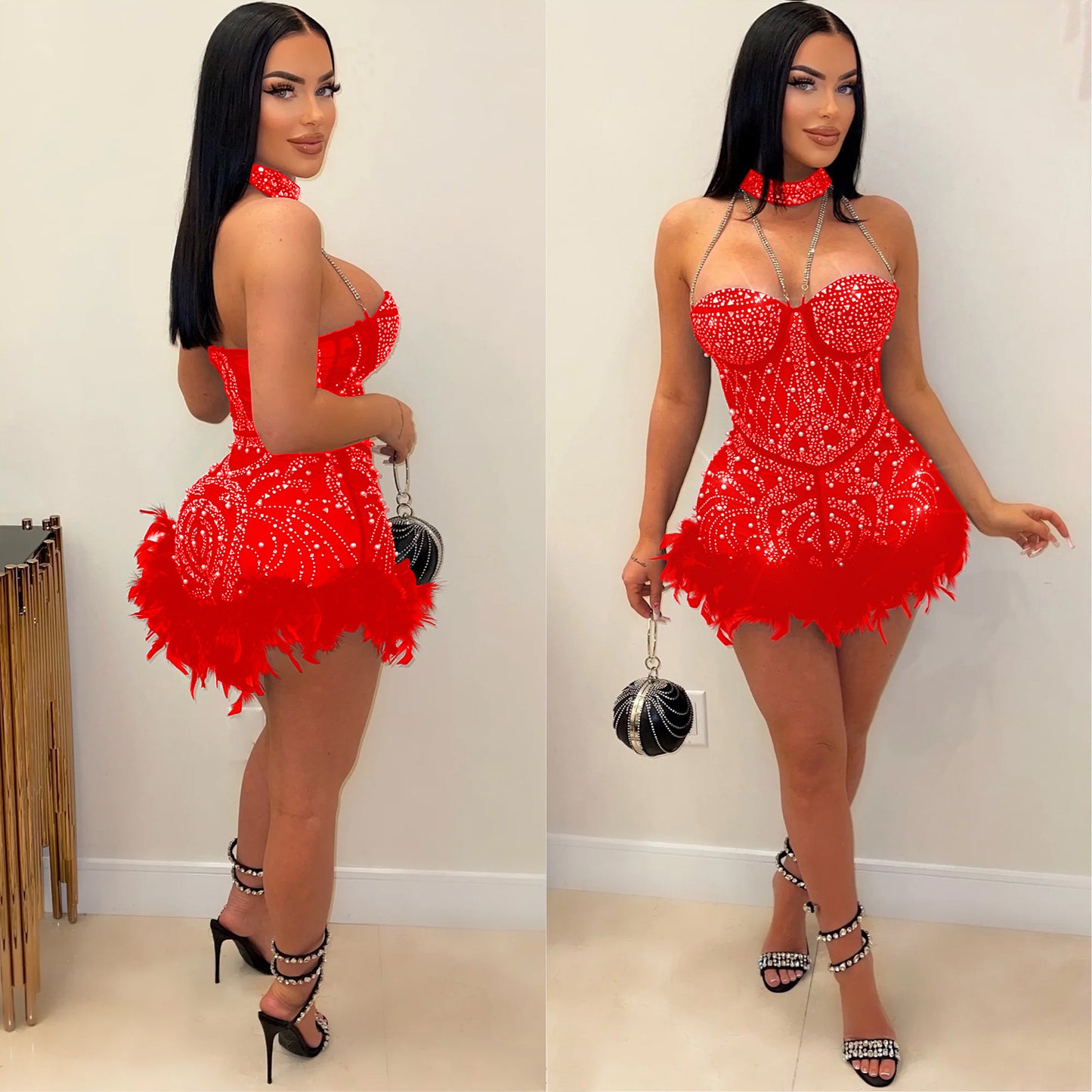 Women's Rhinestone Beaded Sexy Mesh Nightclub Feather Jumpsuits
