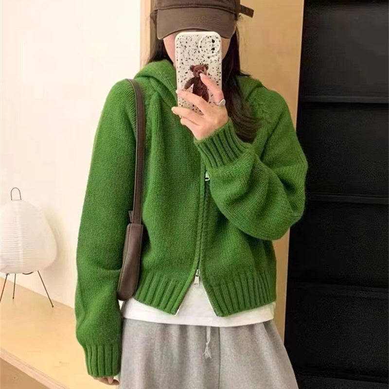 Women's Idle Hooded Knit Loose High-grade Double Zipper Women's Sweater