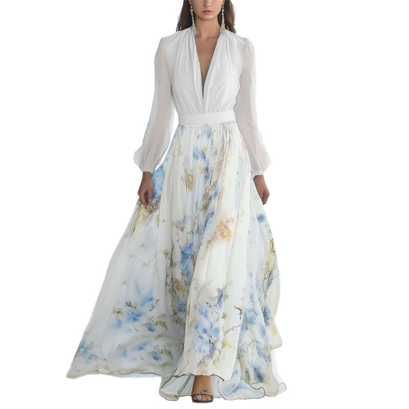 Women's Digital Printing Long Sleeve Stitching Dress Dresses