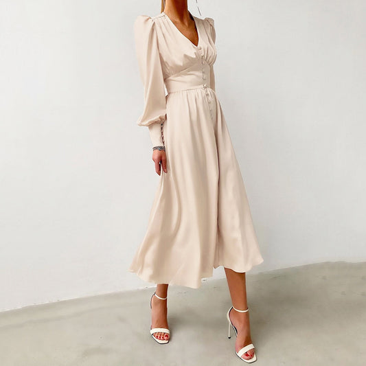 Women's Satin Dress Design Sense Lantern Sleeve Waist Dresses
