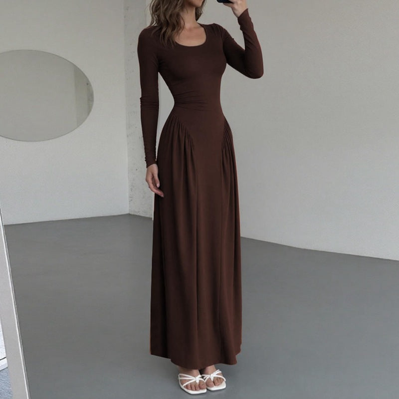 Women's French Elegant Temperament Pure Color Waist Trimming Lace Up Dress